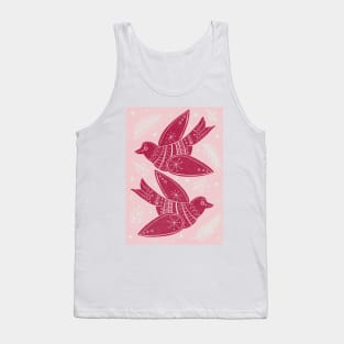 Pink Christmas Turtle Doves with holly and foliage Linoprint repeat pattern Tank Top